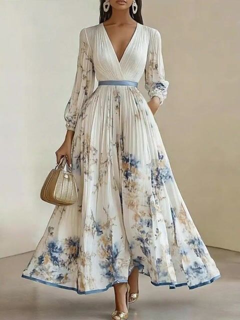 Women's Elegant White V-Neck Print Holiday Style Pleated Dress