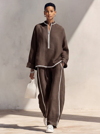 Women's Light‑Blue Linen Fabric Stand‑Collar Half‑Zip Oversized Top & Wide‑Leg Pants Set