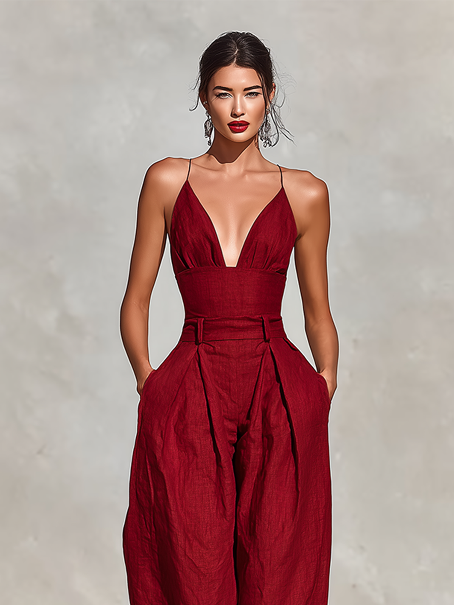 Women's Red Linen Jumpsuit With Spaghetti Straps & High-Waisted Pleated Pants, Timeless Romantic-Elegant Style Jumpsuit