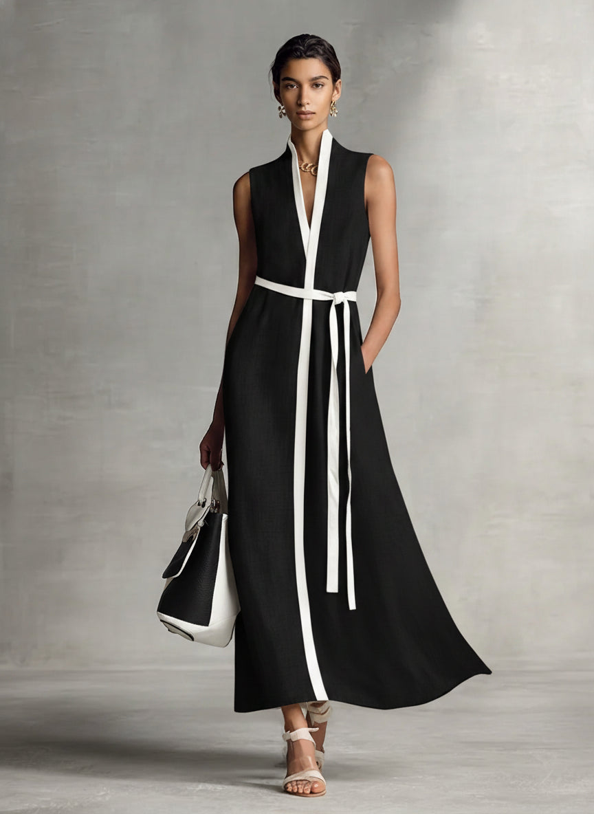 Women's Sleeveless V-Neck Tie-Waist Cotton Linen Maxi Dress