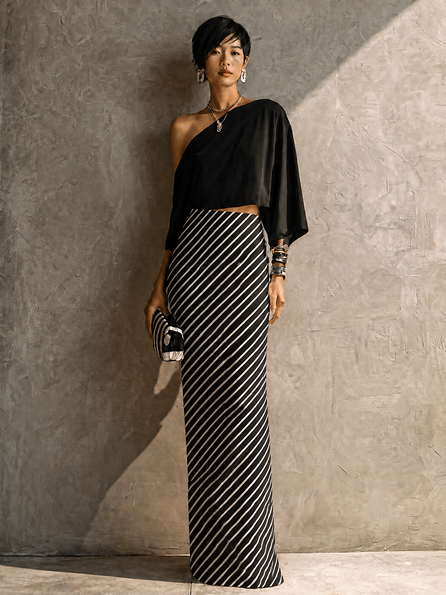 Women's Modern Elegant Black White Knit Cotton Blend One-Shoulder Striped Maxi Skirt Set