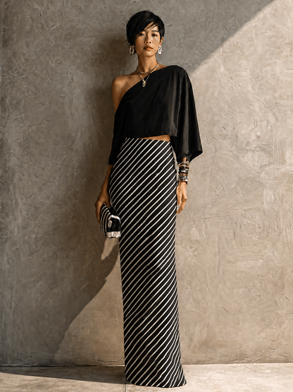 Women's Modern Elegant Black White Knit Cotton Blend One-Shoulder Striped Maxi Skirt Set