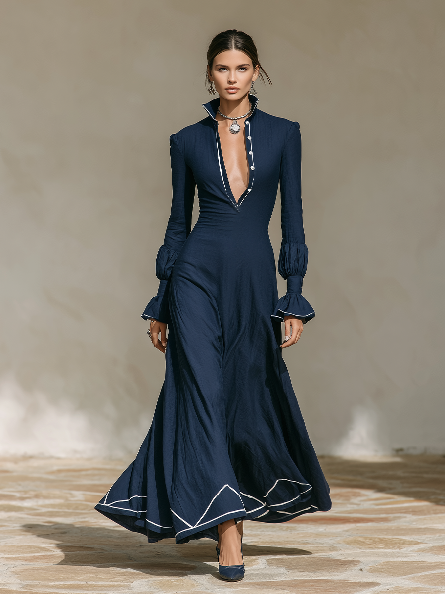 Women's Vacation Contrast Trim Flare Sleeve Maxi Dress
