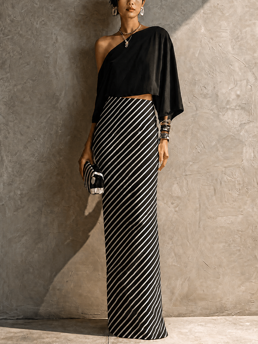 Women's Modern Elegant Black White Knit Cotton Blend One-Shoulder Striped Maxi Skirt Set