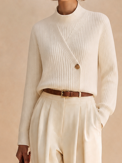 Women's Elegant Ribbed-Knit Mock-Neck Button-Detail Long-Sleeve Sweater