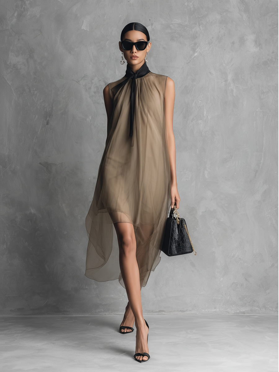 Women's Light Luxury Khaki And Brown Color-blocked Chiffon Sleeveless Dress