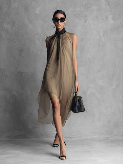 Women's Light Luxury Khaki And Brown Color-blocked Chiffon Sleeveless Dress
