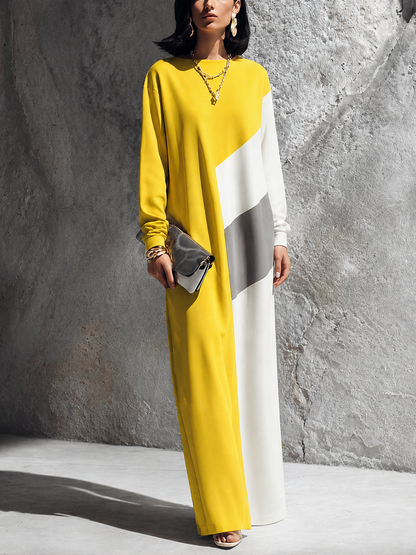 Women's Modern Elegant Yellow White Cotton Blend Color-Block Round Neck Long Maxi Dress