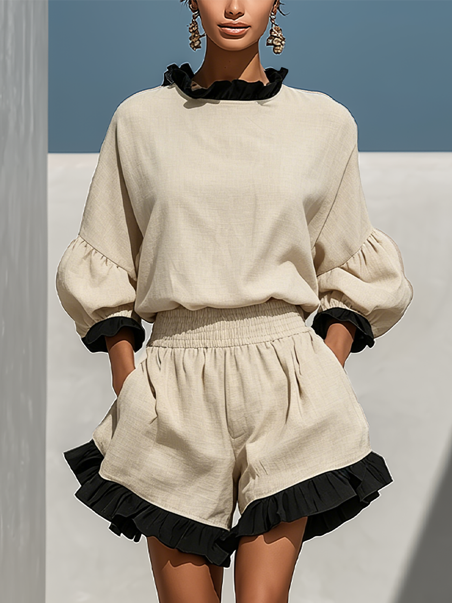 Women’s Beige Linen-Blend Contrast Ruffle Trim Long Sleeve Blouse & High-Waisted Ruffle Hem Shorts Two-Piece Set