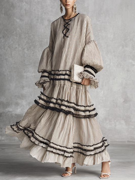 Women's Boho Striped Ruffle Tiered Cotton Blend Long Sleeve Maxi Dress