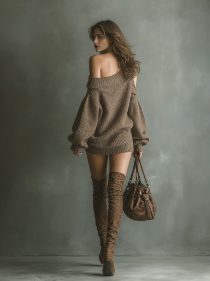 Women's Brown Off-shoulder Knit Mini Dress