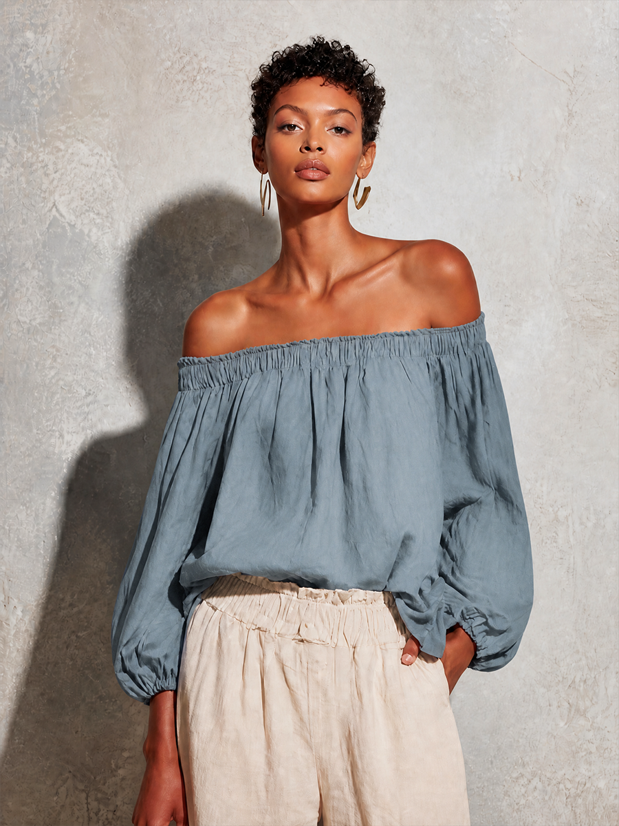 Women's Casual Style Purple Cotton And Linen Off-shoulder Long Lantern Sleeve Top
