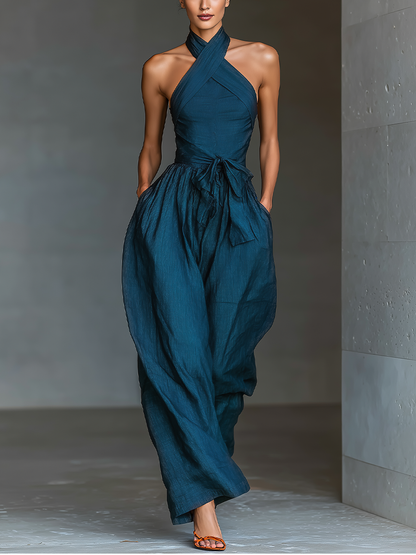 Women's Navy Blue Linen Fabric Cross Halter Wide-Leg Jumpsuit With Tie Waist & Side Pockets