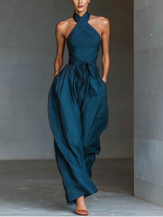 Women's Navy Blue Linen Fabric Cross Halter Wide-Leg Jumpsuit With Tie Waist & Side Pockets