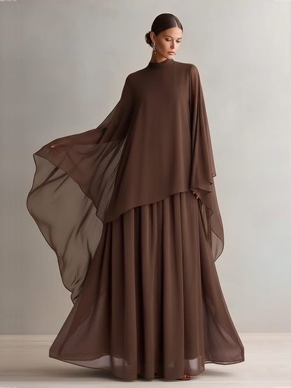 Women's Rich Brown Chiffon Dress With Flowy Maxi Silhouette & Cape-like Design, Modern Elegant-Glam Style Dress