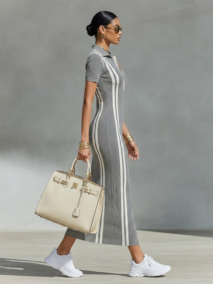 Women's Grey Stretchy Knit Zip Polo Collar & Vertical Side Stripes Maxi Dress