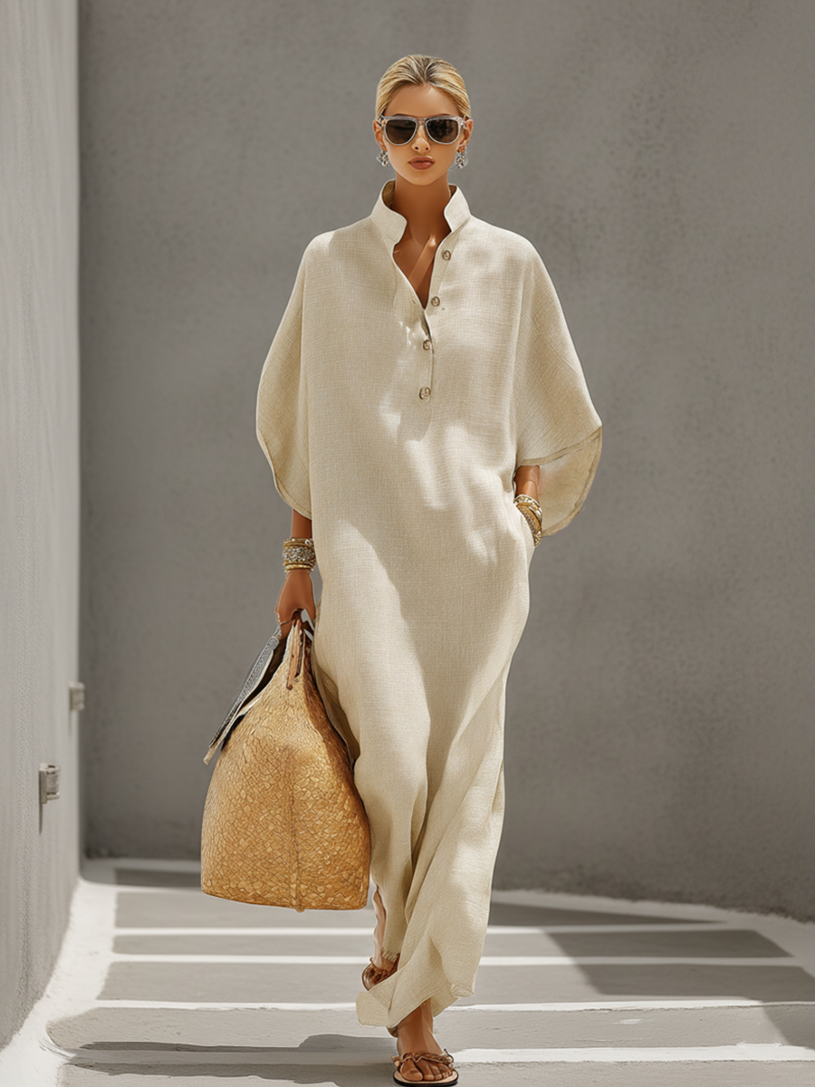 Women's Oatmeal Linen Dress With Mandarin Collar & Dolman Sleeves, Timeless Resort-Casual Style Dress