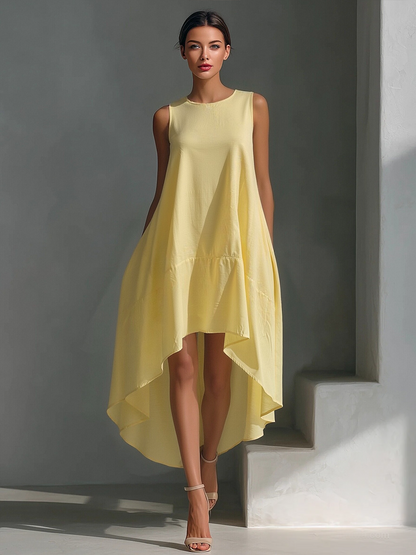 Women's White Linen Fabric Sleeveless Midi Dress With Round Neck & Asymmetric Hem