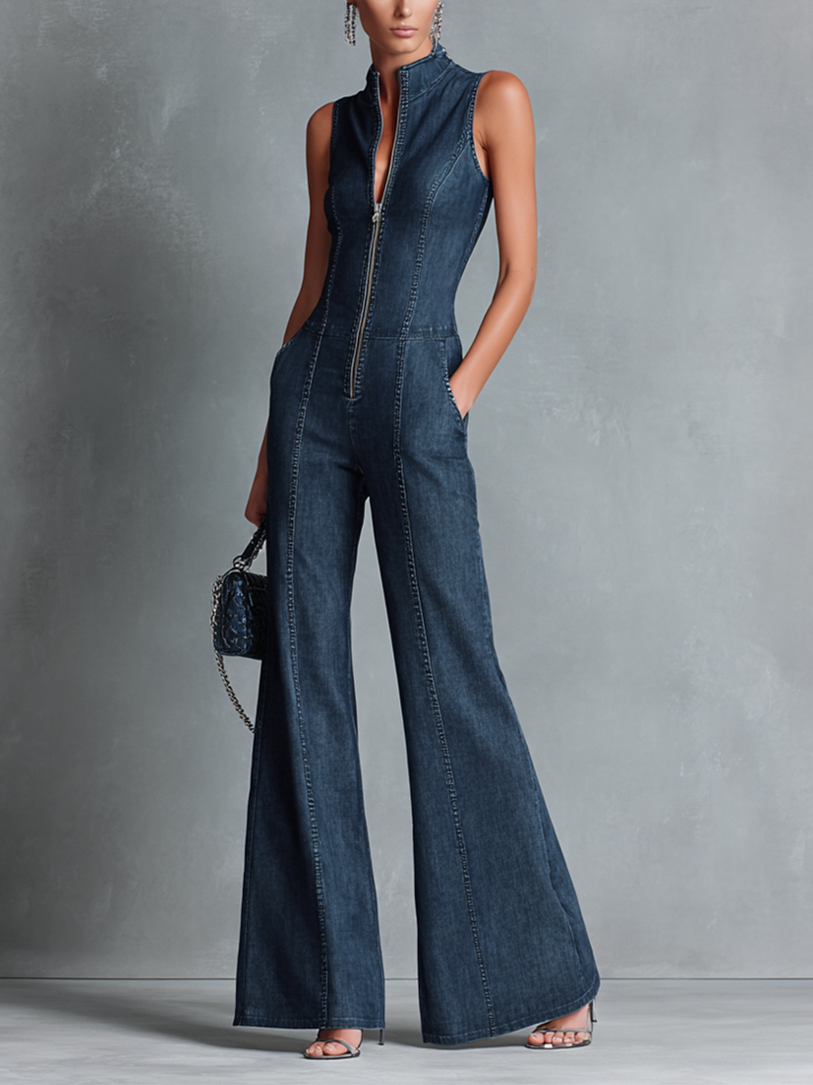 Women's Retro Style Dark Blue Denim Sleeveless High-Neck Flared Jumpsuit With Front Zipper