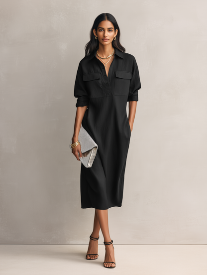 Women's Elegant Black Cotton-linen Blend Shirt Collar Short-sleeved Midi Dress
