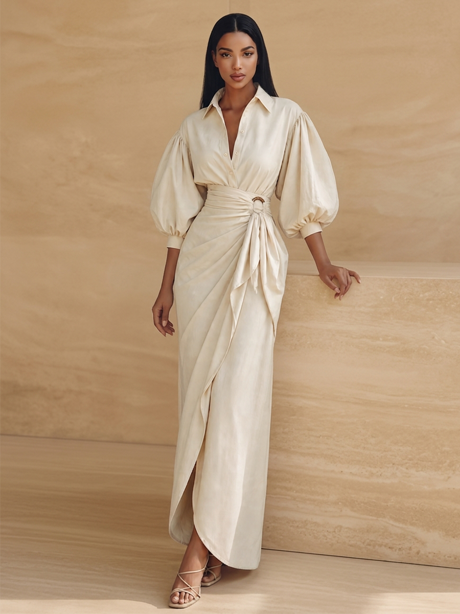 Women's Split Slim Chic Solid Lapel Lantern Sleeve Co Ord Set