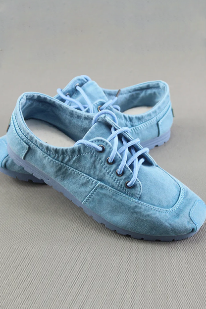 Simple Blue Cotton Fabric Flat Shoes For Women Cross Strap Flat Shoes