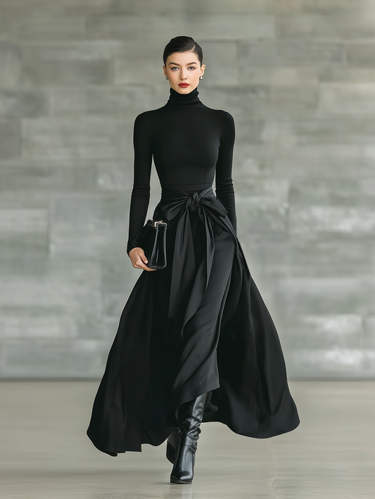 Women's Black High-Neck High-Stretch Knitted And Satin Flared Maxi Dress