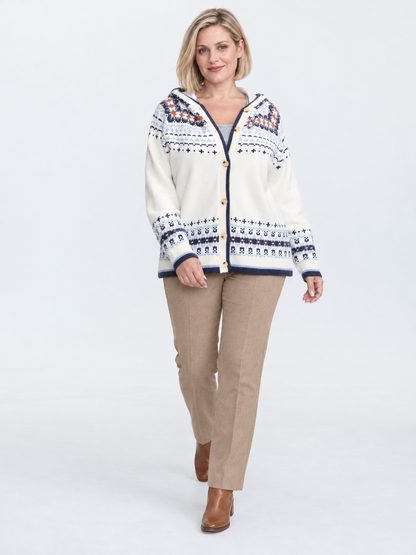Women's Hooded Wool Cardigan – White Fair Isle Button-Up Knit Sweater