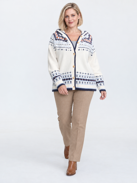 Women's Hooded Wool Cardigan – White Fair Isle Button-Up Knit Sweater