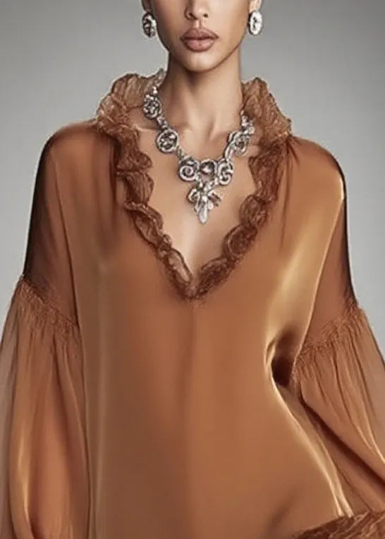 French Brown Ruffles Patchwork Chiffon Mid Dress Spring
