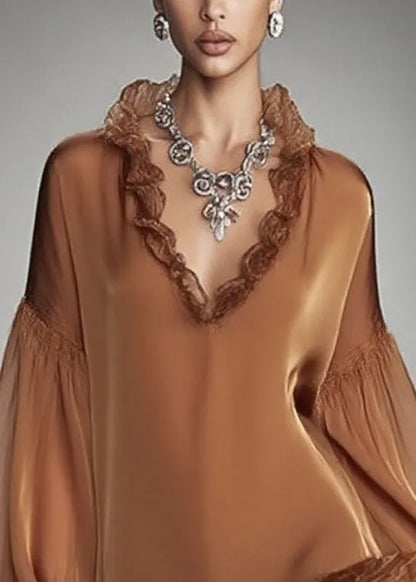 French Brown Ruffles Patchwork Chiffon Mid Dress Spring