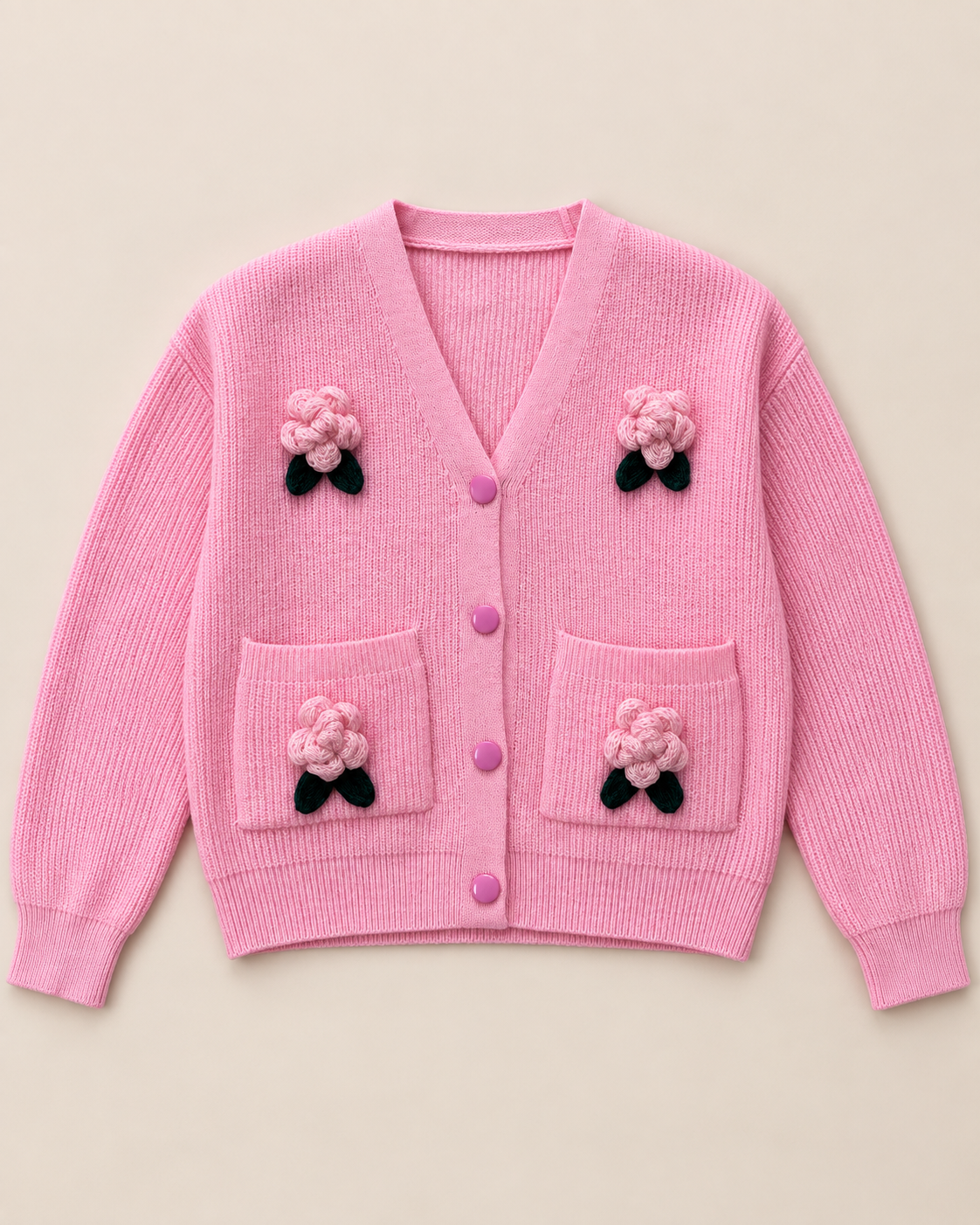 Women's Floral Wool Cardigan – V-Neck Rose Detail Button-Up Sweater
