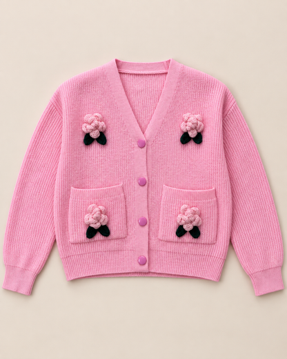 Women's Floral Wool Cardigan – V-Neck Rose Detail Button-Up Sweater