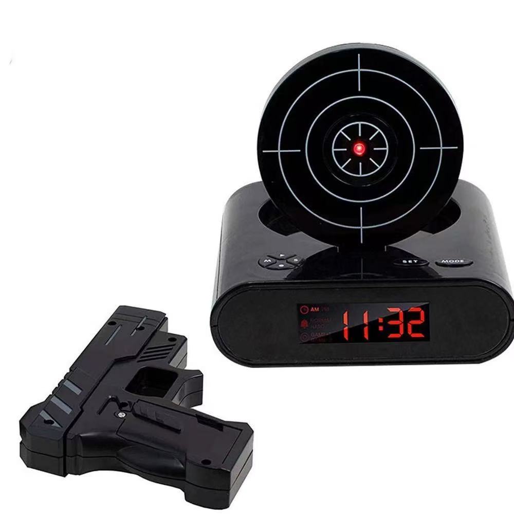 Lazy-riser" target-shooting alarm clock; multifunctional infrared digital LED clock with novelty shooting toy