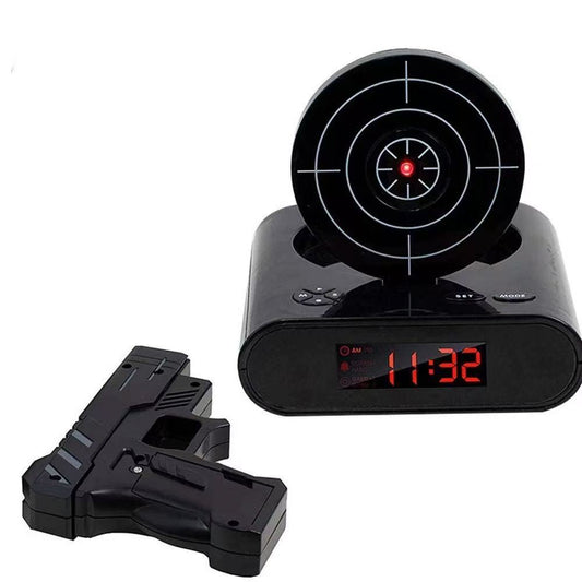 Lazy-riser" target-shooting alarm clock; multifunctional infrared digital LED clock with novelty shooting toy