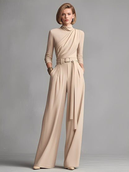 Women's Neutral-colored Cotton Blend Knit Jumpsuit With Gathered Waist