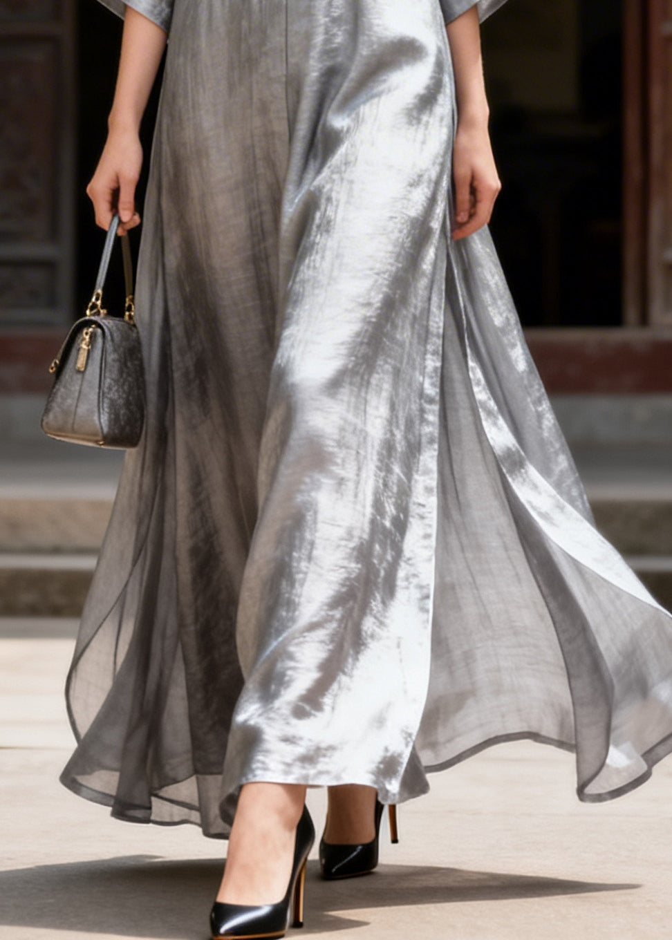 Classy Grey V Neck Chinese Button Side Open Silk Long Dress Summer