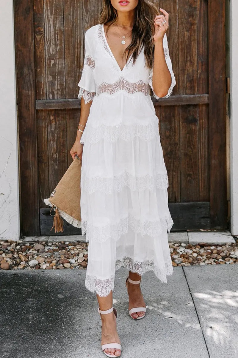 Elegant Solid Lace V Neck Cake  Dresses(3 Colors)