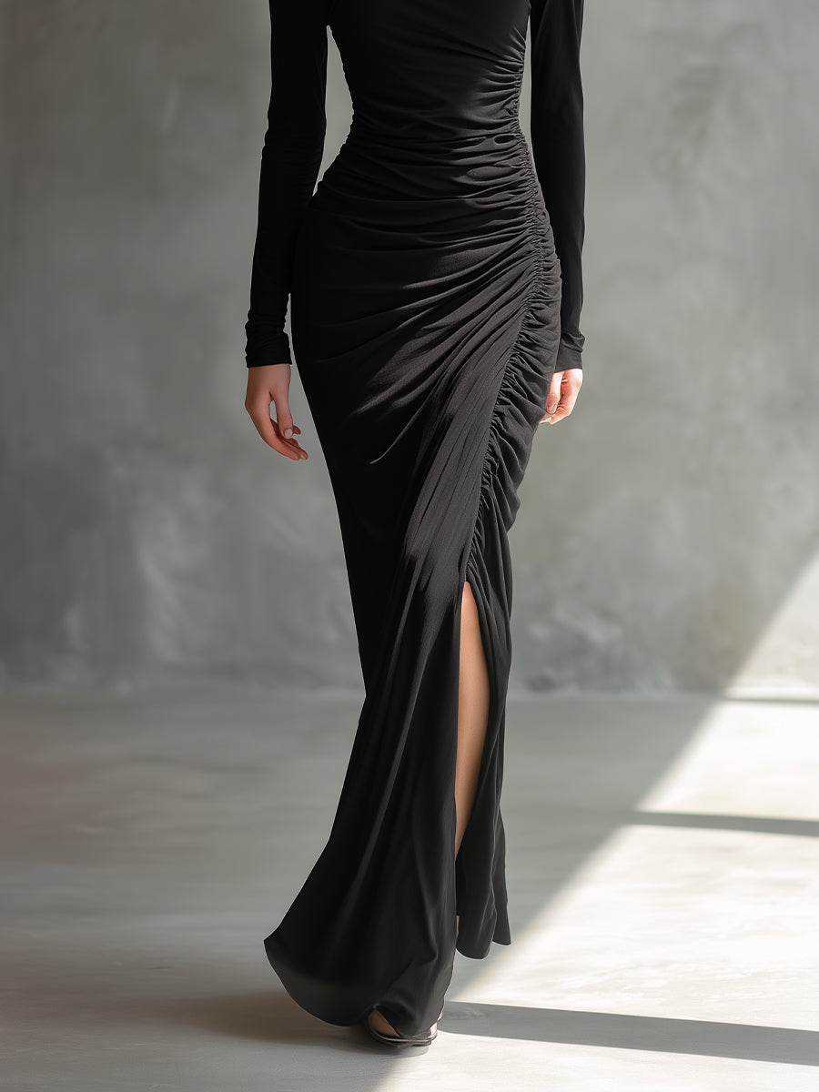 Women's Black Elegant Jersey Off - Shoulder Ruched Slit Maxi Dress