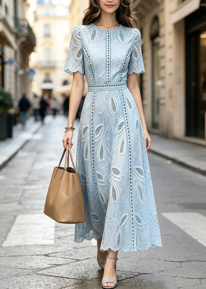 French Blue O Neck Hollow Out Patchwork Cotton Dress Summer