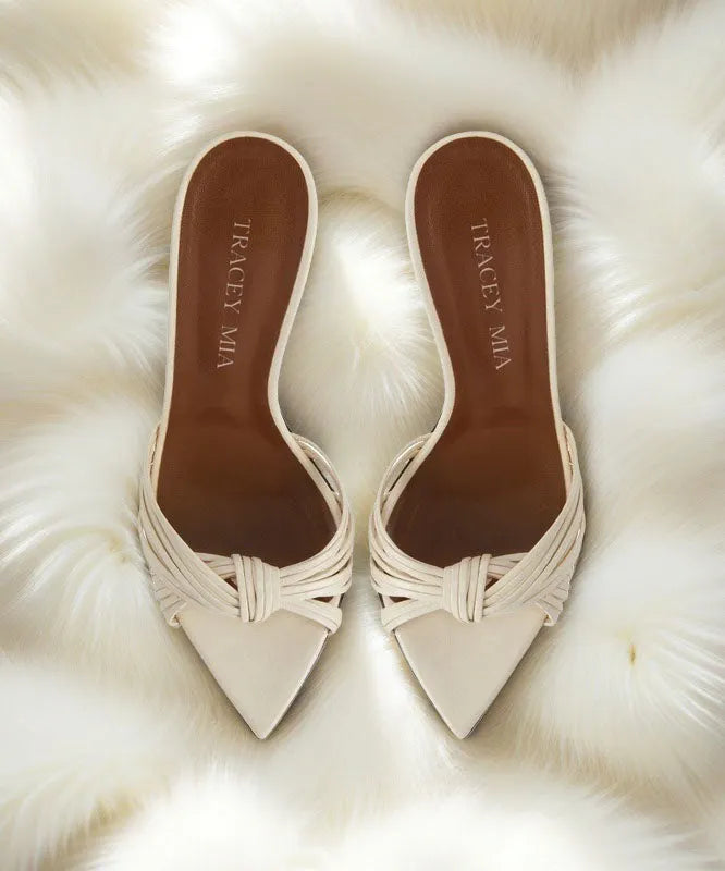 Apricot Faux Leather High Heel Slide Sandals Pointed Toe Peep Toe