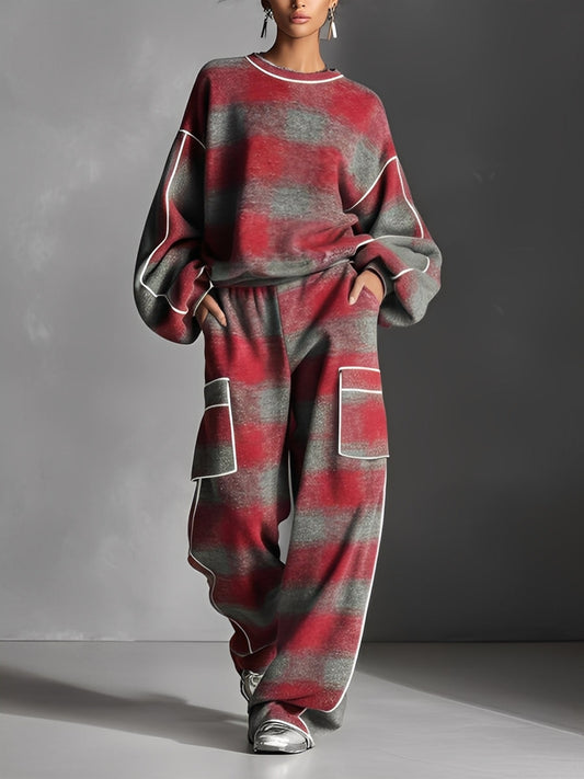 Women's Red And Gray Plaid Brushed Distressed Street Style Color-Blocked Piping Pantsuit Set