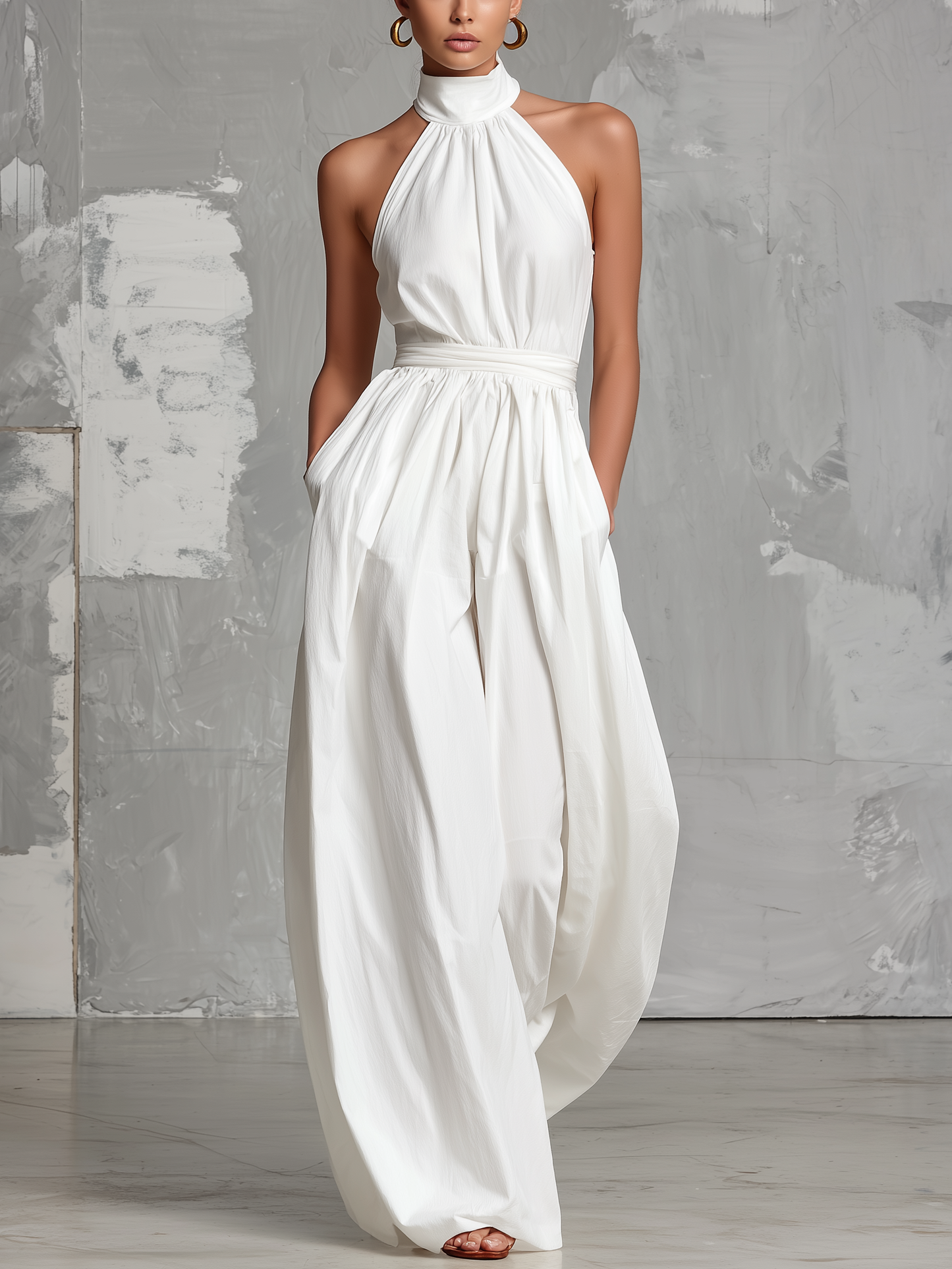 Women's Elegant White Woven Sleeveless Halter-neck Jumpsuit