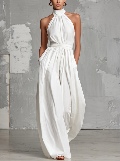 Women's Elegant White Woven Sleeveless Halter-neck Jumpsuit