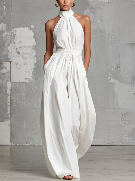 Women's Elegant White Woven Sleeveless Halter-neck Jumpsuit