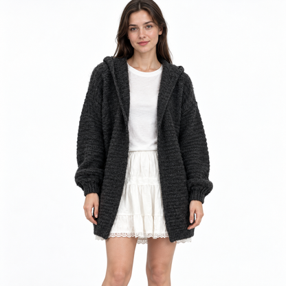 Women's Hooded Wool Cardigan – Longline Open-Front Knit Sweater