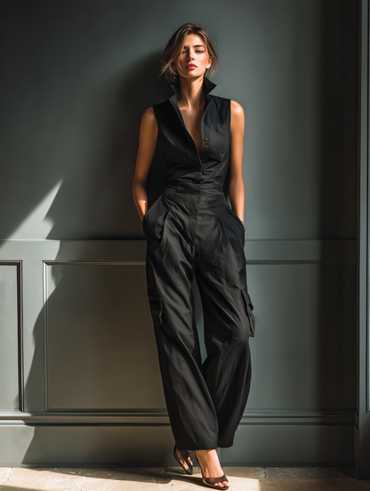 Women's Black Cotton And Linen Blend Sleeveless Collared Jumpsuit With Cargo Pockets