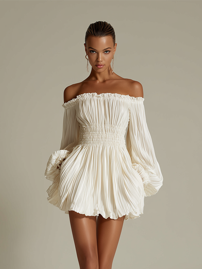 Women's Ivory Pleated Dress With Off-Shoulder Neckline & Ruched Waist, Timeless Sexy-Elegant Style Dress