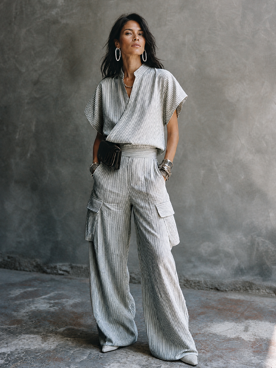 Women's Casual Vacation Gray White Cotton Blend Striped Wrap Top Cargo Pocket Wide-Leg Pants Set