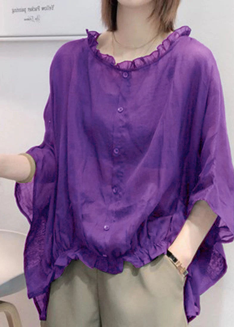 Art Black print Tops Ruffles Trim Half Sleeve Shirts Blouse Plus Size